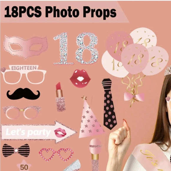 18th birthday party bundle.  Back drop, photo props, ballon cake topper. All new - Picture 3 of 4